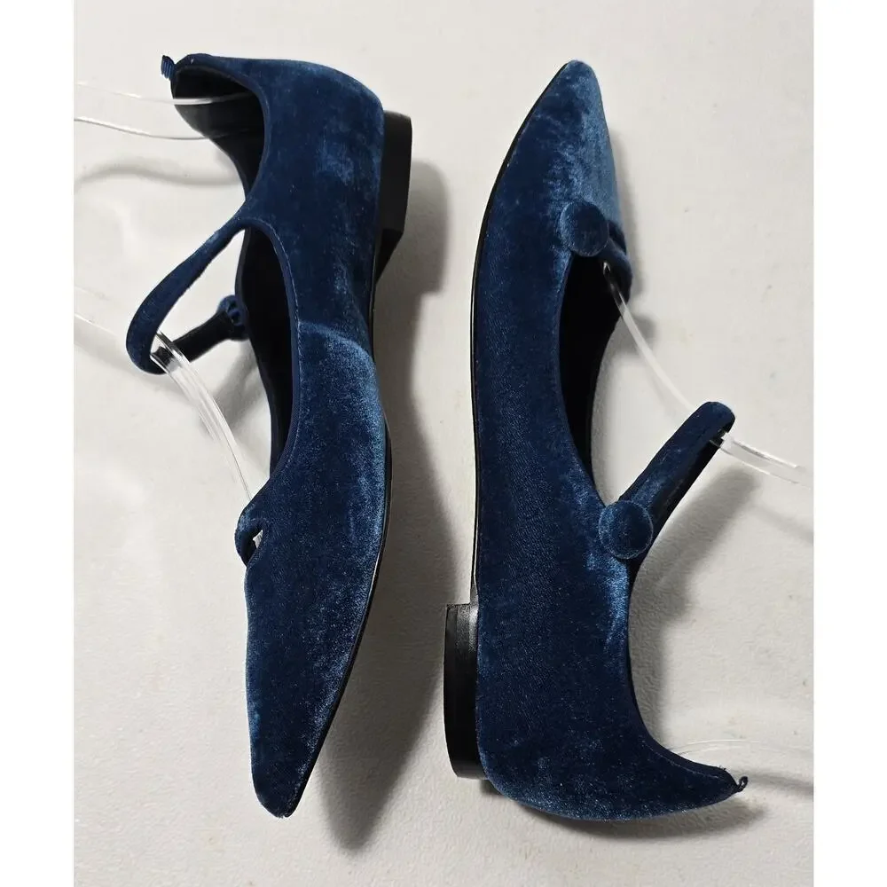 BODEN Women's Velvet Mary Jane Blue Button Accents Pointed Toe Sz 36